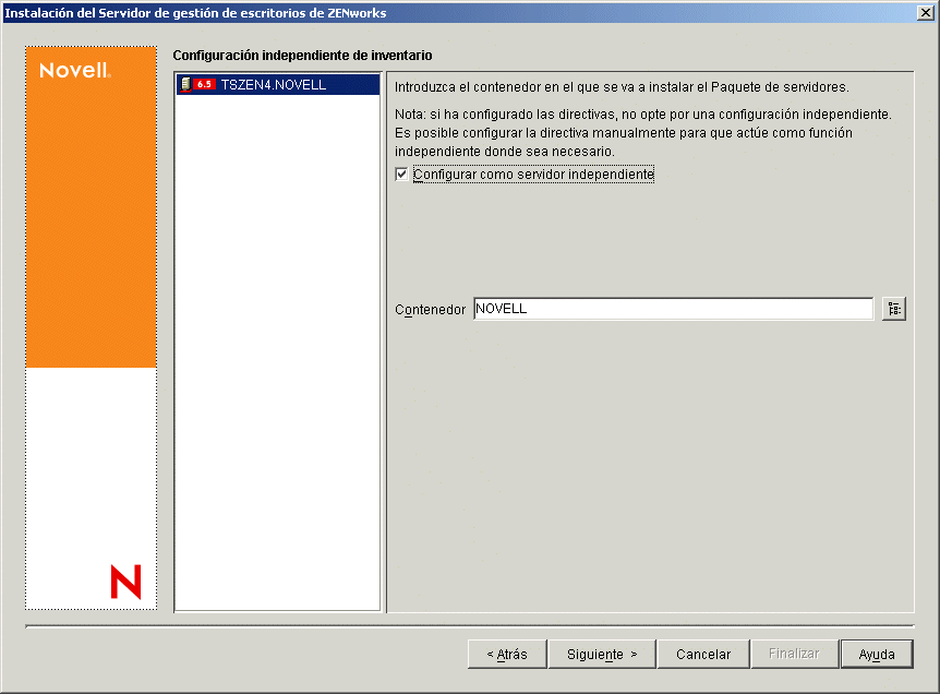 Página Configuración independiente de inventario del asistente de instalación del Servidor de gestión de escritorios de ZENworks.