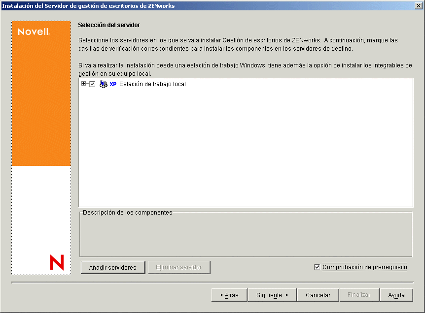 Página Selección del servidor del asistente de instalación del Servidor de gestión de escritorios de ZENworks.