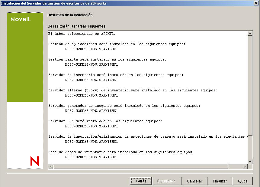 Página de resumen de la instalación.