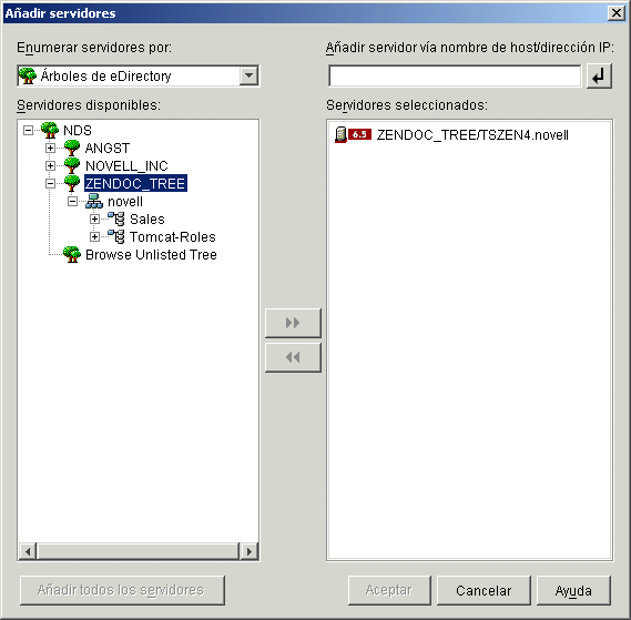 Recuadro de diálogo Añadir servidores abierto desde la página Selección del servidor del asistente de instalación del servidor de etapa intermedia de ZENworks. El recuadro de diálogo muestra la opción Árboles de eDirectory en la lista desplegable Enumerar servidores por.