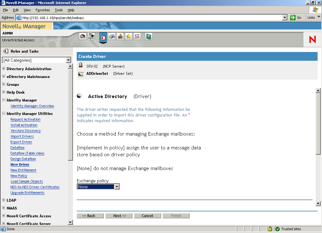 Create Driver Wizard abierto en la página principal de Novell iManager. También está abierta la página Active Directory Driver Set.