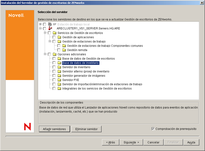 Página Selección del servidor del asistente de instalación de los servicios de ZENworks Desktop Management. Los componentes disponibles se muestran como opciones de instalación.