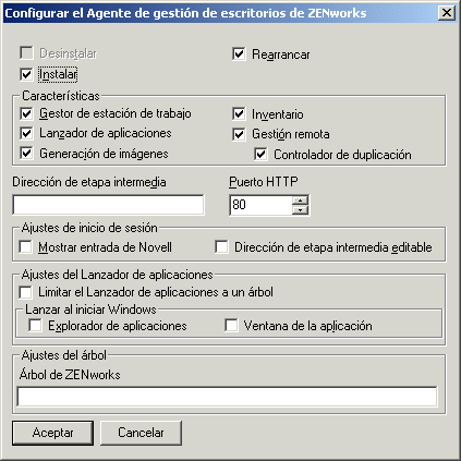 Recuadro de diálogo Configurar el Agente de gestión de escritorios de ZENworks