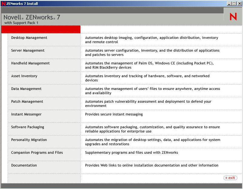 Captura de pantalla de la página de apertura del programa de instalación de ZENworks, que muestra las opciones de instalación generales.