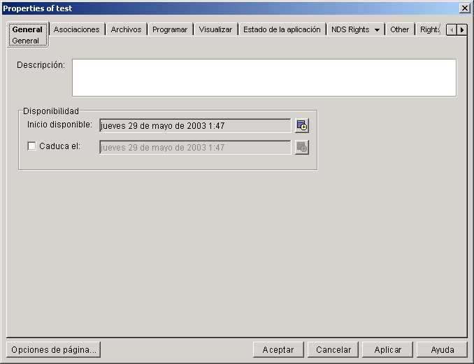 Captura de pantalla de Propiedades del objeto Aplicaci�n con la p�gina General.