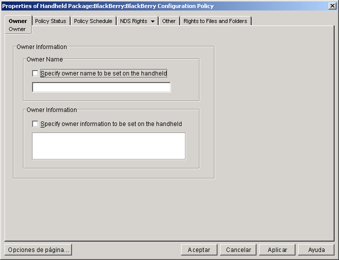 Captura de pantalla de la p�gina Propietario de la directiva de configuraci�n BlackBerry.