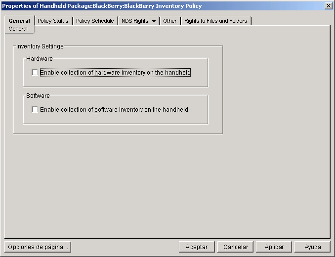 Captura de pantalla de la p�gina General de la directiva de inventario BlackBerry.