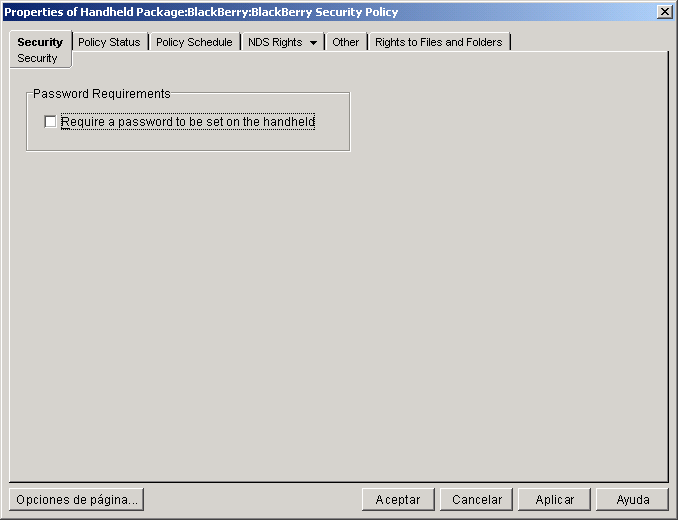 Captura de pantalla de la p�gina Seguridad de la directiva de seguridad BlackBerry.