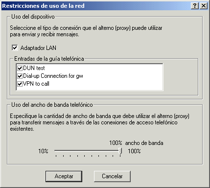 Captura de pantalla del recuadro de di�logo Restricciones de uso de la red.