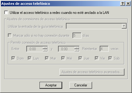 Captura de pantalla del recuadro de di�logo Ajustes de acceso telef�nico.