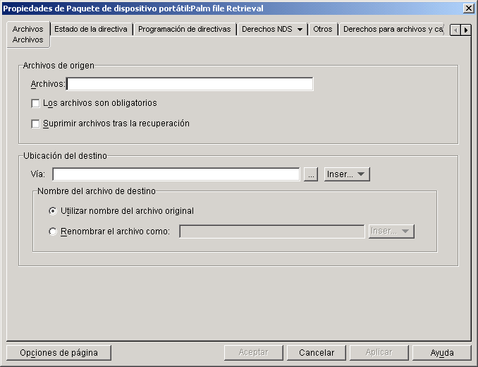 Captura de pantalla de Propiedades del paquete de PC de mano: Recuadro de di�logo Directiva de recuperaci�n de archivos con la p�gina Archivos.