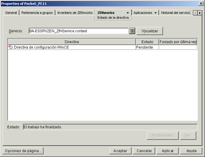 Captura de pantalla de Propiedades del objeto PC de mano y Estado de la directiva.