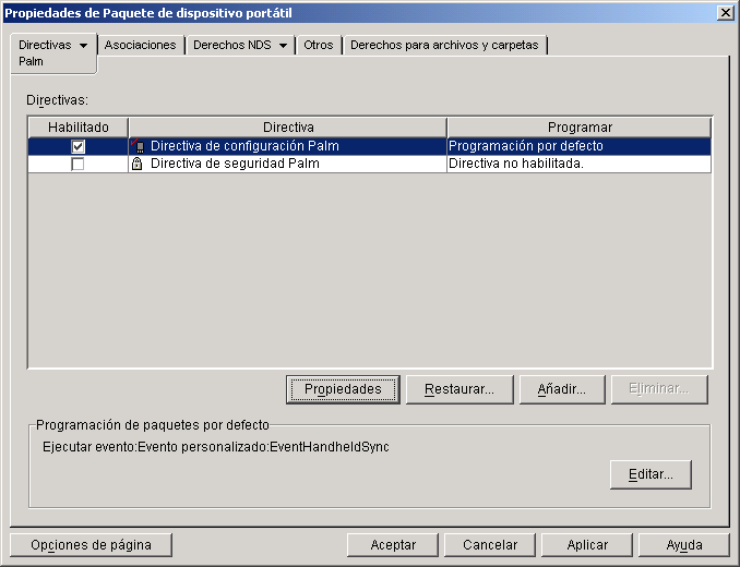 Captura de pantalla del recuadro de di�logo Propiedades del paquete de PC de mano.