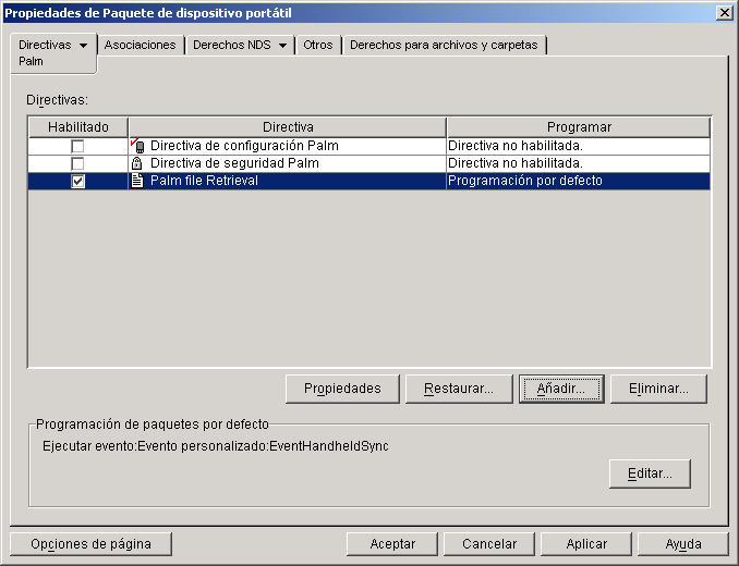 Captura de pantalla de Propiedades del paquete de PC de mano con la directiva de recuperaci�n de archivos que se acaba de crear.