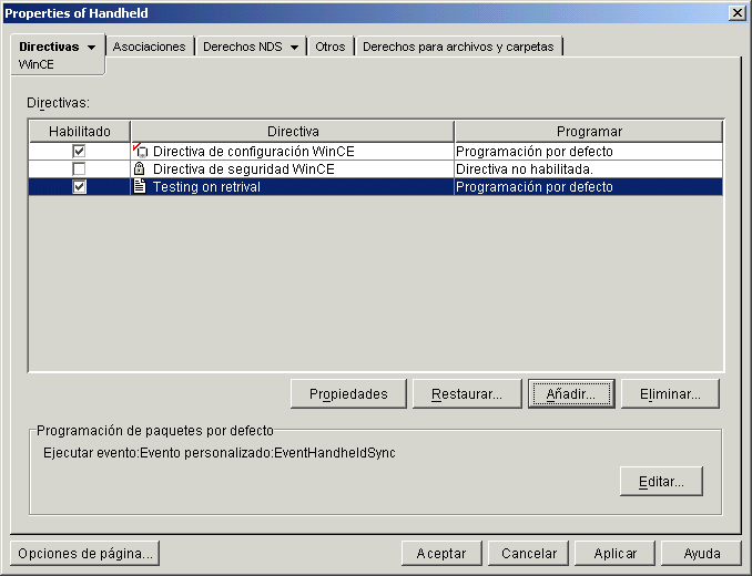 Captura de pantalla de Propiedades del paquete de PC de mano con la directiva de recuperaci�n de archivos que se acaba de crear.