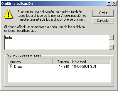 Captura de pantalla del recuadro de di�logo Omitir aplicaci�n.