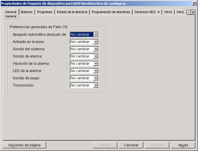Captura de pantalla de la p�gina Directiva de configuraci�n Palm: General.