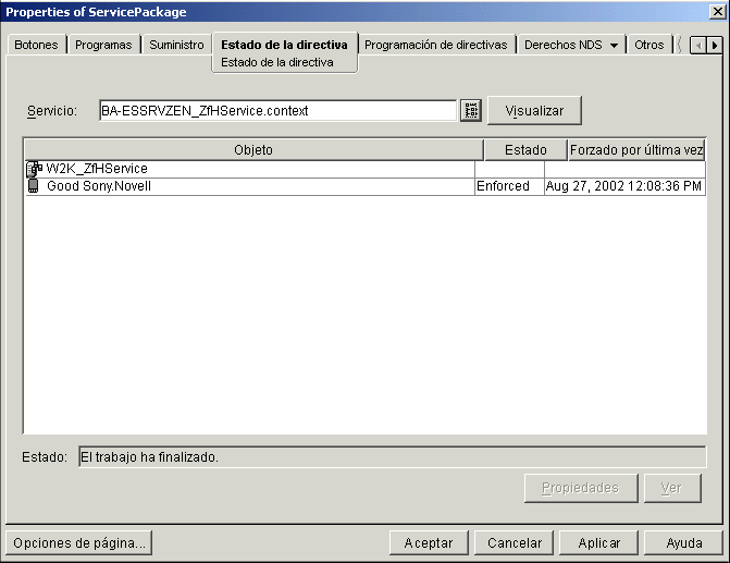 Captura de pantalla del recuadro de di�logo Propiedades del paquete de PC de mano y la p�gina Estado de la directiva.