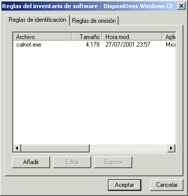 Captura de pantalla del recuadro de di�logo Reglas del inventario de software.