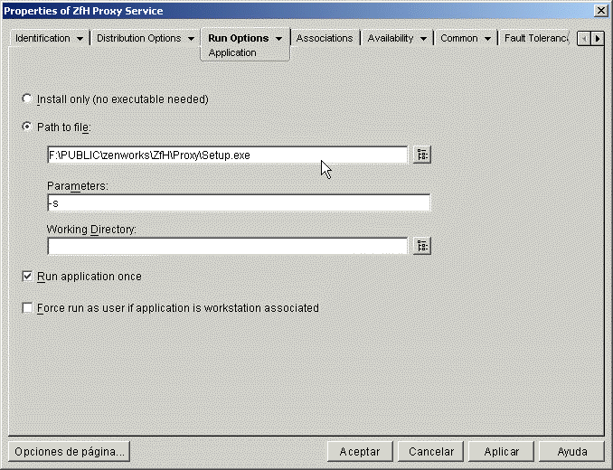 Captura de pantalla de las propiedades del objeto Aplicaci�n en la que se muestra la p�gina Aplicaci�n.