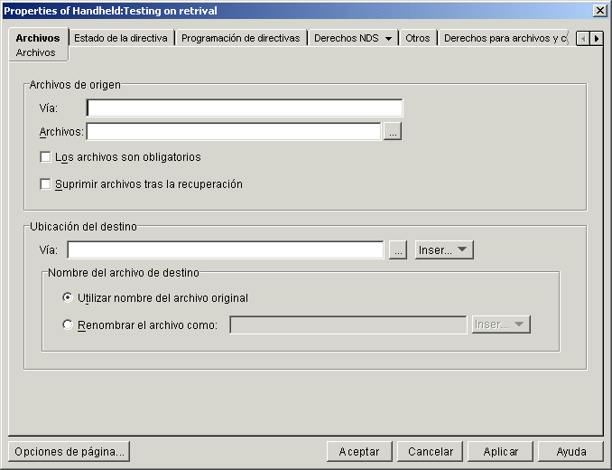 Captura de pantalla de Propiedades del paquete de PC de mano: Recuadro de di�logo Directiva de recuperaci�n de archivos con la p�gina Archivos.