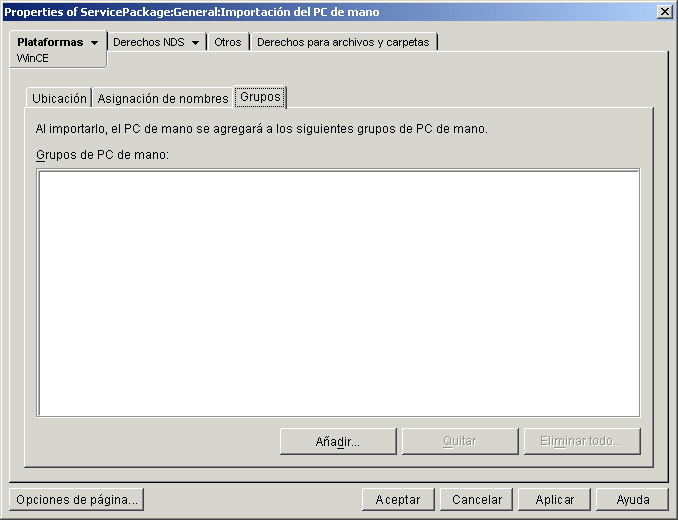 Captura de pantalla del recuadro de di�logo Propiedades del paquete de servicios de PC de mano y la p�gina Grupos.