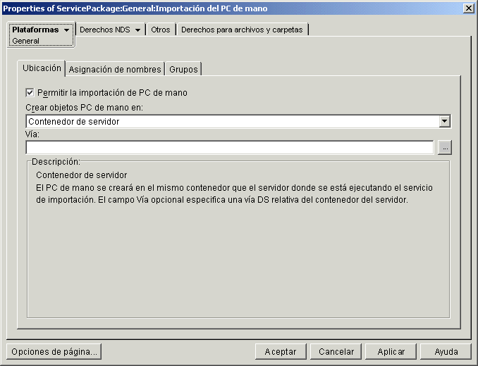 Captura de pantalla del recuadro de di�logo Propiedades del paquete de servicios de PC de mano y la p�gina General.