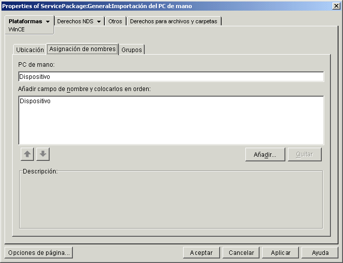 Captura de pantalla del recuadro de di�logo Propiedades del servicio de PC de mano y la p�gina Asignaci�n de nombres.