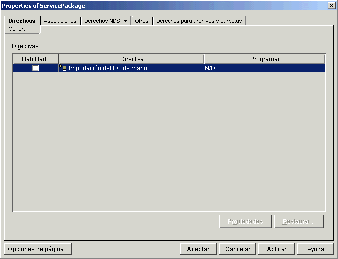Captura de pantalla del recuadro de di�logo Propiedades del paquete de servicios de PC de mano.