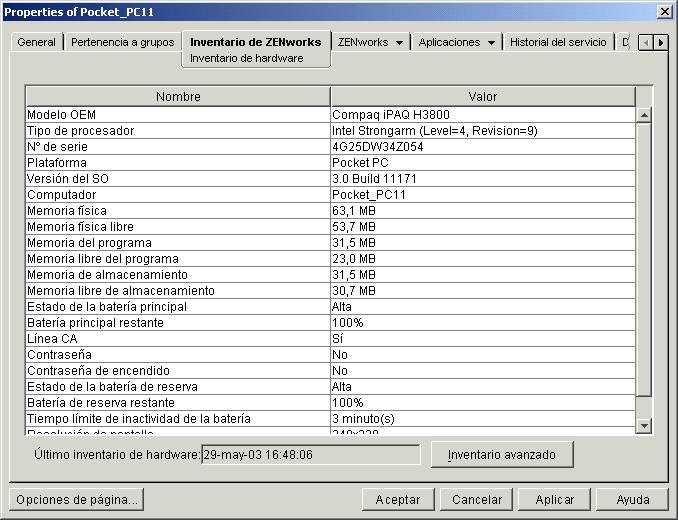 Captura de pantalla de la p�gina Clientes en la que se muestra la pesta�a Inventario de hardware.