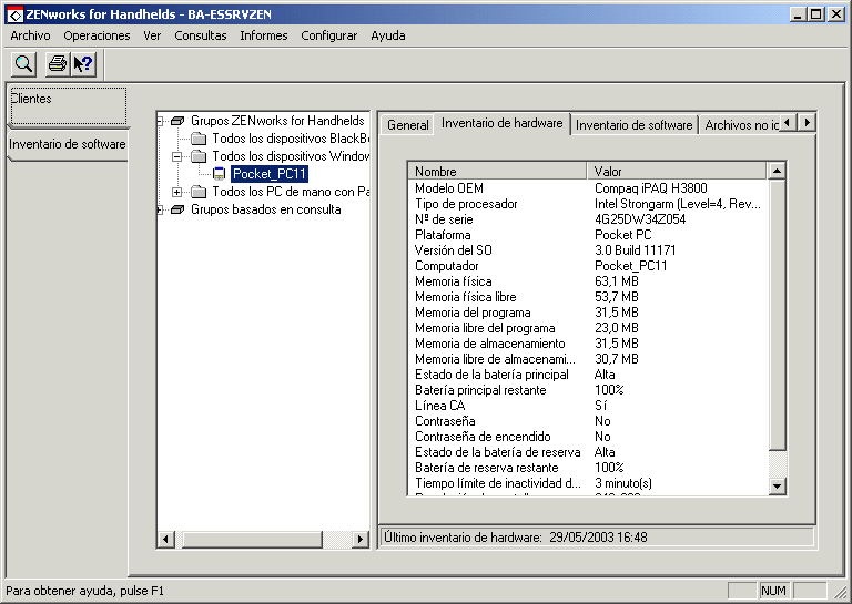 Captura de pantalla de la pesta�a Inventario de hardware.