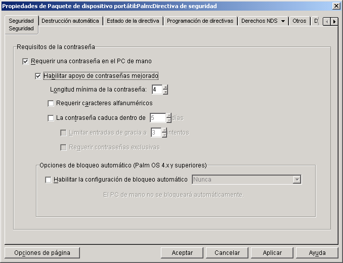 Captura de pantalla de la p�gina Directiva de seguridad Palm.