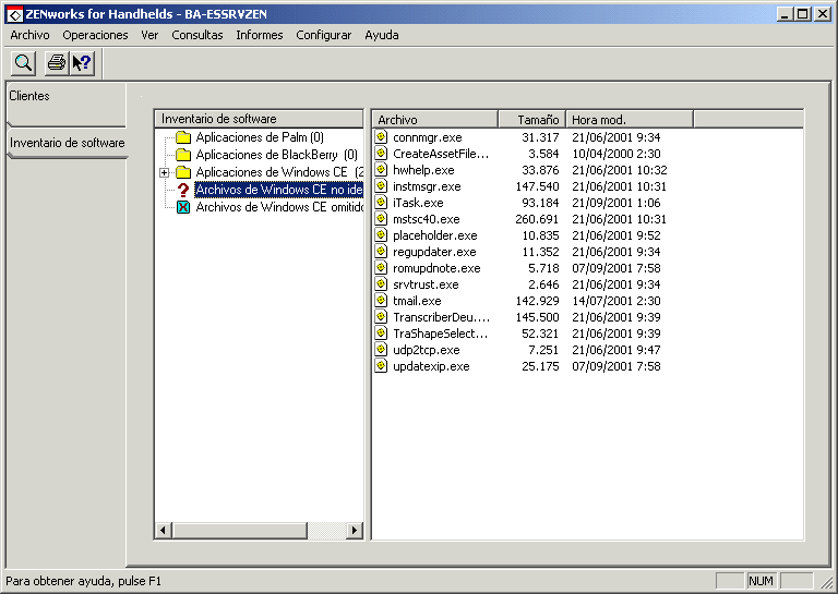 Captura de pantalla de la p�gina Inventario de software en la que aparece resaltado el icono Archivos de Windows CE no identificados. 