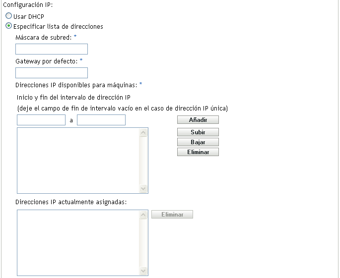 Sección Configuración IP de la sección Ajustes de dispositivo no registrado