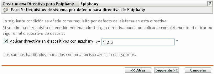 Página Requisitos de sistema por defecto para directiva para Epiphany