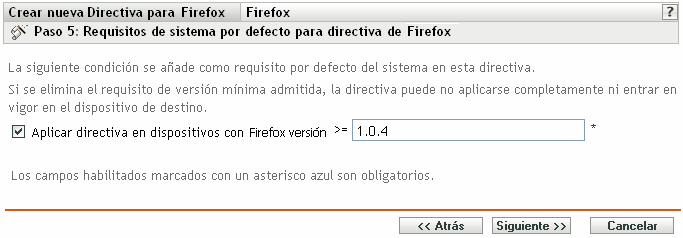 Página Requisitos de sistema por defecto para directiva para Mozilla Firefox