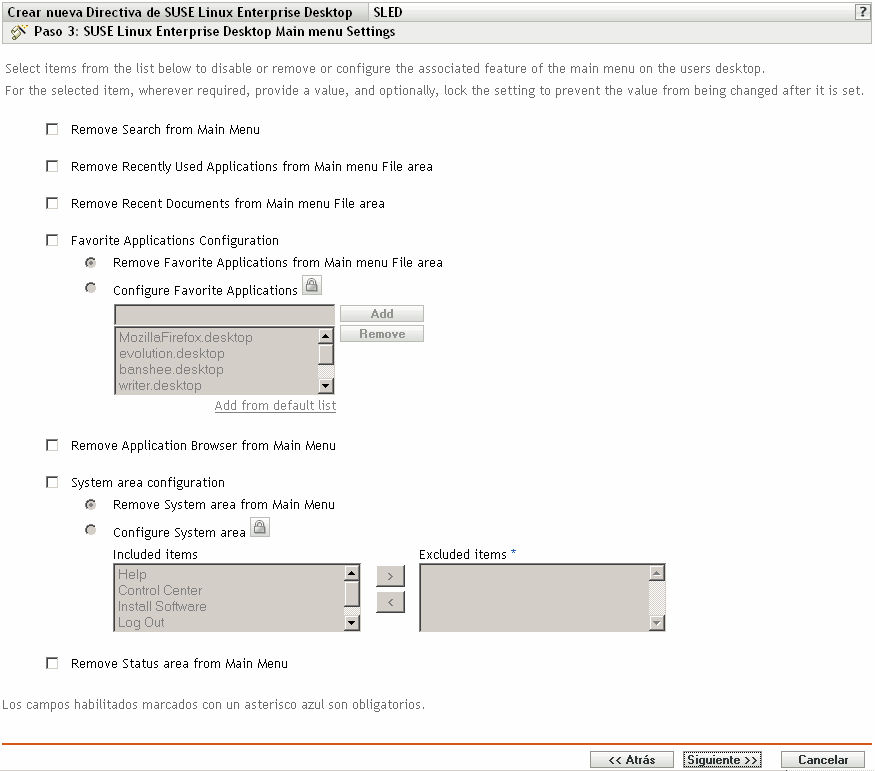 Página de valores de configuración del menú principal de SUSE Linux Enterprise Desktop