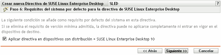 Página Requisitos de sistema por defecto para directiva para SUSE Linux Enterprise Desktop
