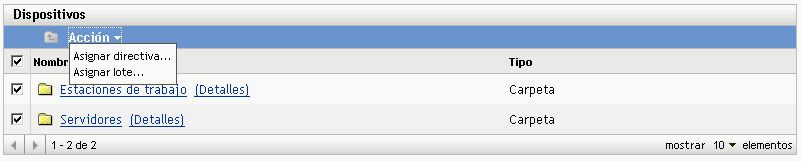 Opciones del menú Nuevo de la pestaña Dispositivos
