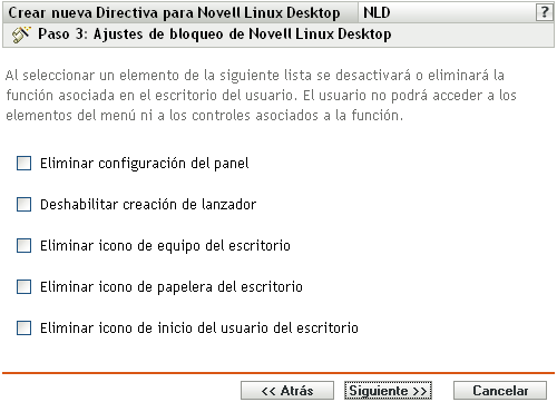 Página Ajustes de bloqueo de Novell Linux Desktop