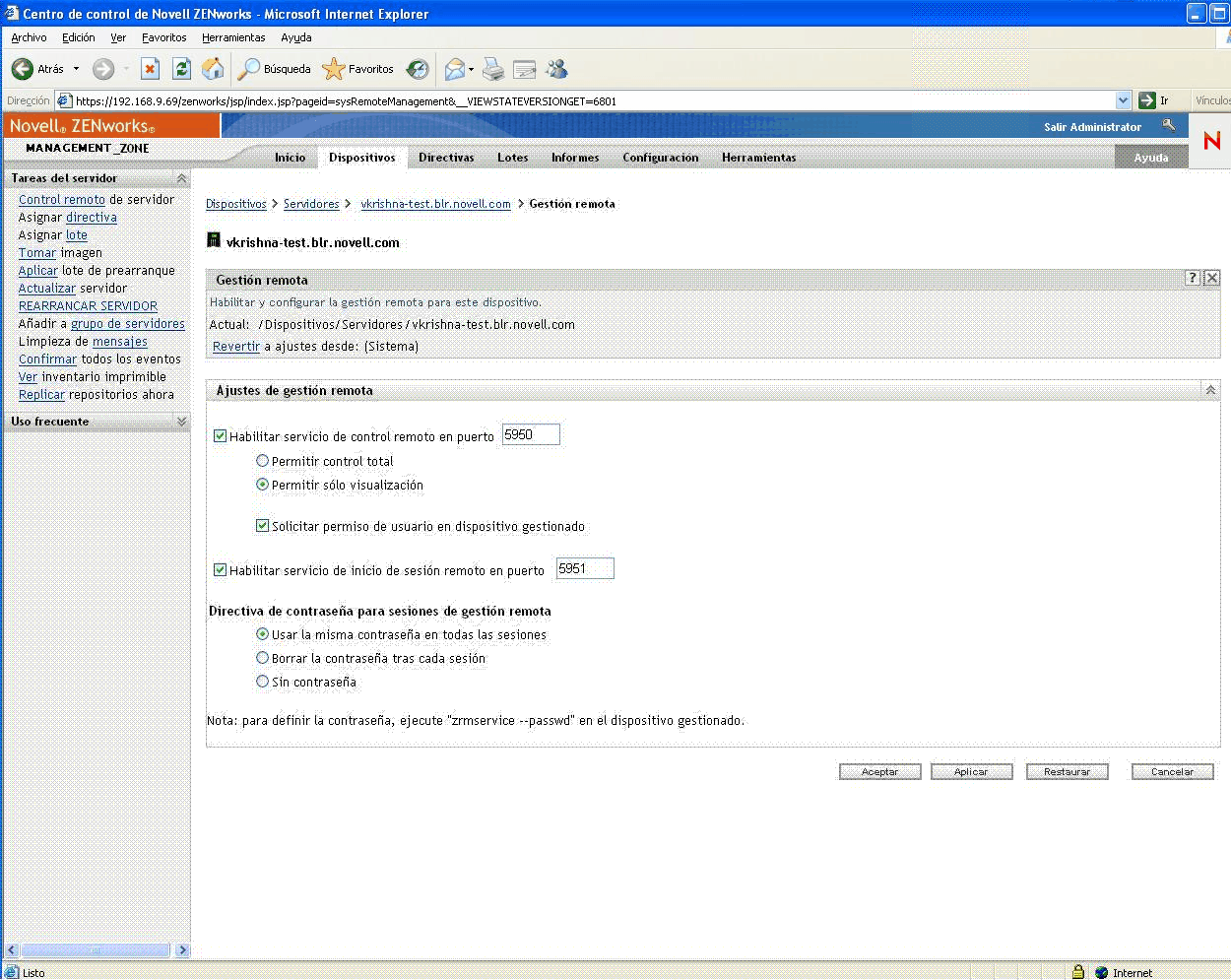 Página Gestión remota