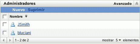 Lista Administradores de la página Configuración