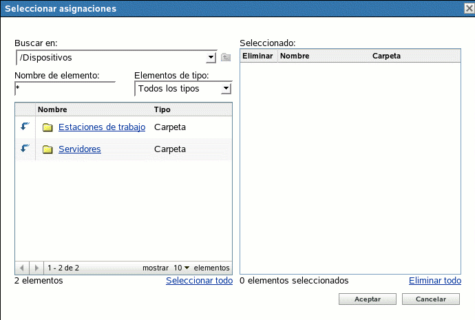 Recuadro de diálogo Seleccionar asignaciones