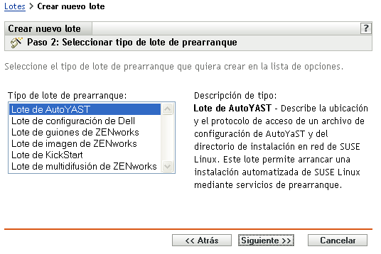 Página Paso 2 para crear un nuevo lote: Seleccionar tipo de lote de prearranque
