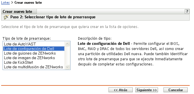 Página Paso 2 para crear un nuevo lote: Seleccionar tipo de lote de prearranque