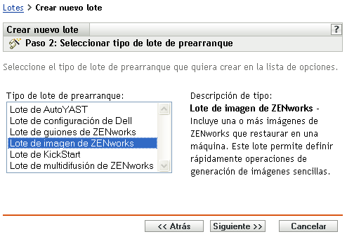 Página Paso 2 para crear un nuevo lote: Seleccionar tipo de lote de prearranque