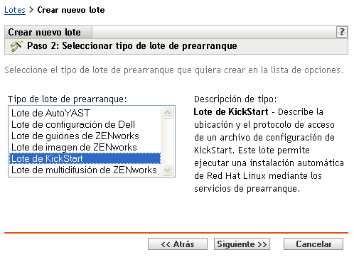 Página Paso 2 para crear un nuevo lote: Seleccionar tipo de lote de prearranque