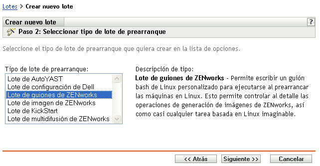 Página Paso 2 para crear un nuevo lote: Seleccionar tipo de lote de prearranque