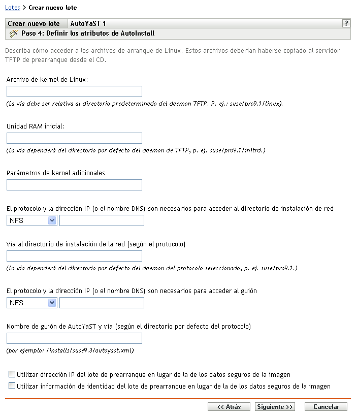 Página Paso 4 para crear un nuevo lote: Definir los atributos de Autoinstall (campos Archivo de kernel de Linux y Unidad RAM inicial)