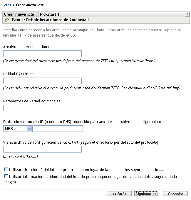 Página Paso 4 para crear un nuevo lote: Definir los atributos de Autoinstall (campos Archivo de kernel de Linux y Unidad RAM inicial)